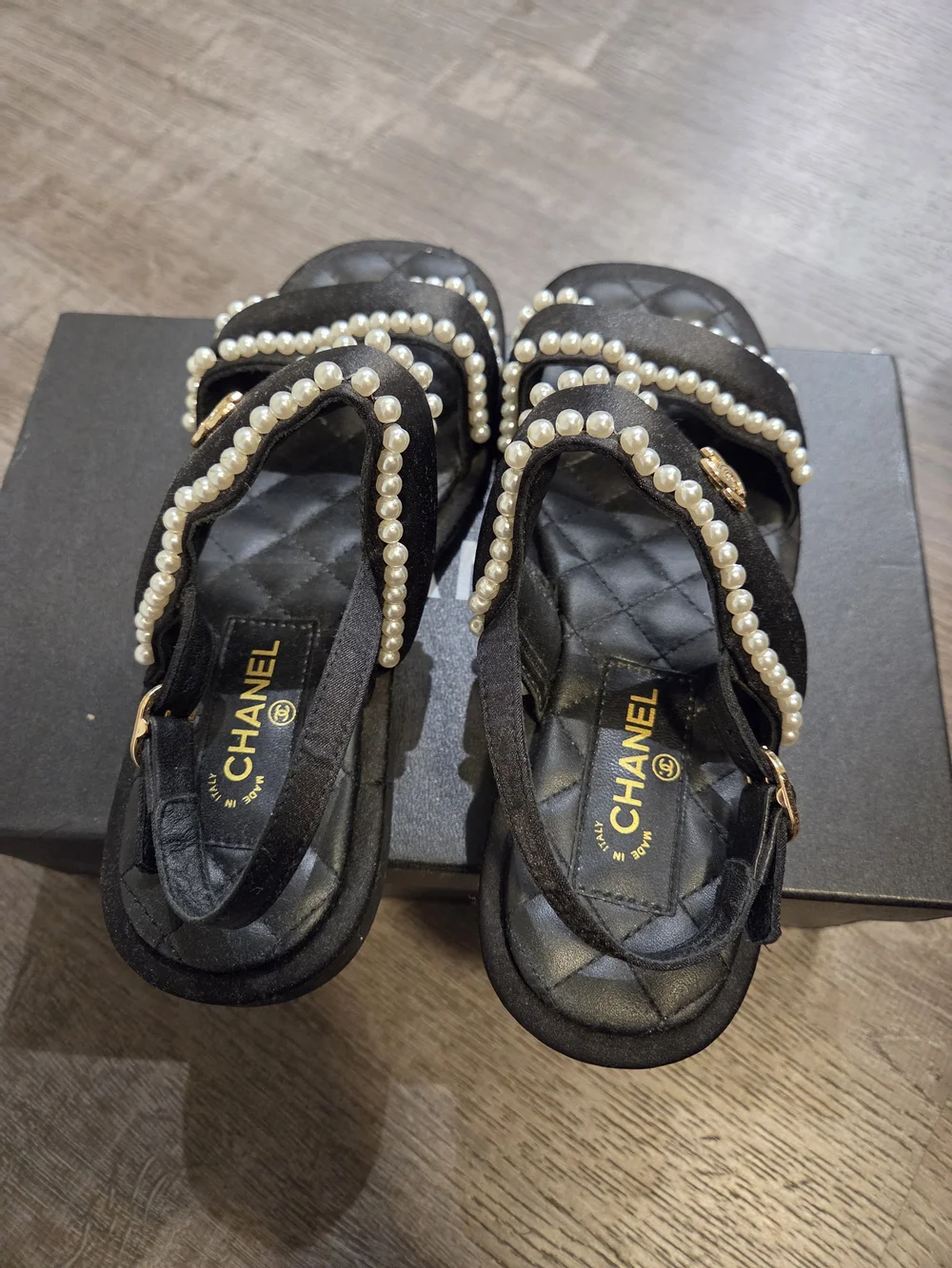 CC Black Satin and Pearl-Trim Cruise Slingback Sandals